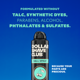 DSC Ball Spray with a blue background and the words "formulated without talc, synthetic dyes, parabens, alcohol, phthalates & sulfates" above and "Because your parts are precious" to the right.