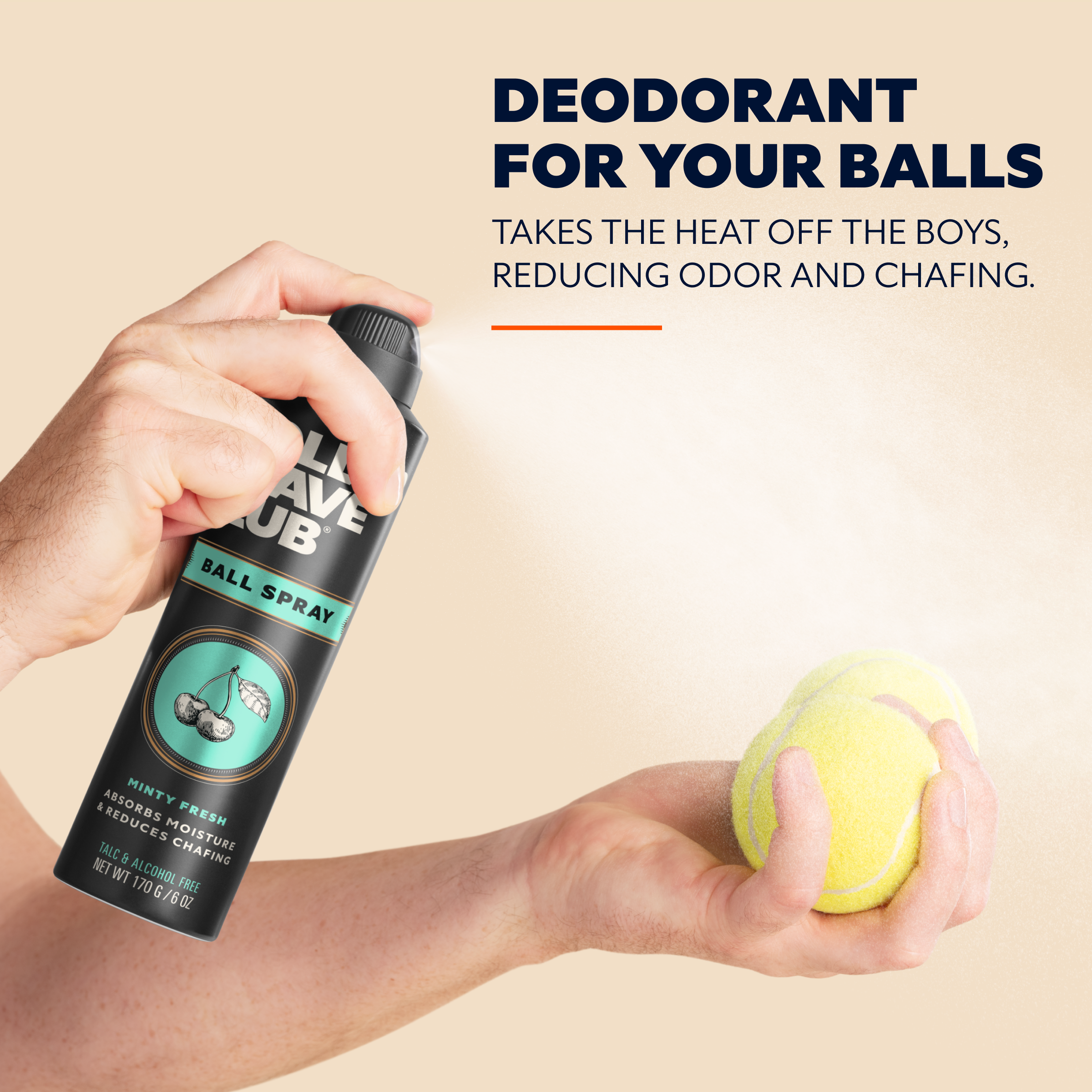 Image of man spraying can of Ball Spray on 2 tennis balls with the words "Deodorant for your balls. Takes the heat off the boys, reducing odor and chaffing"