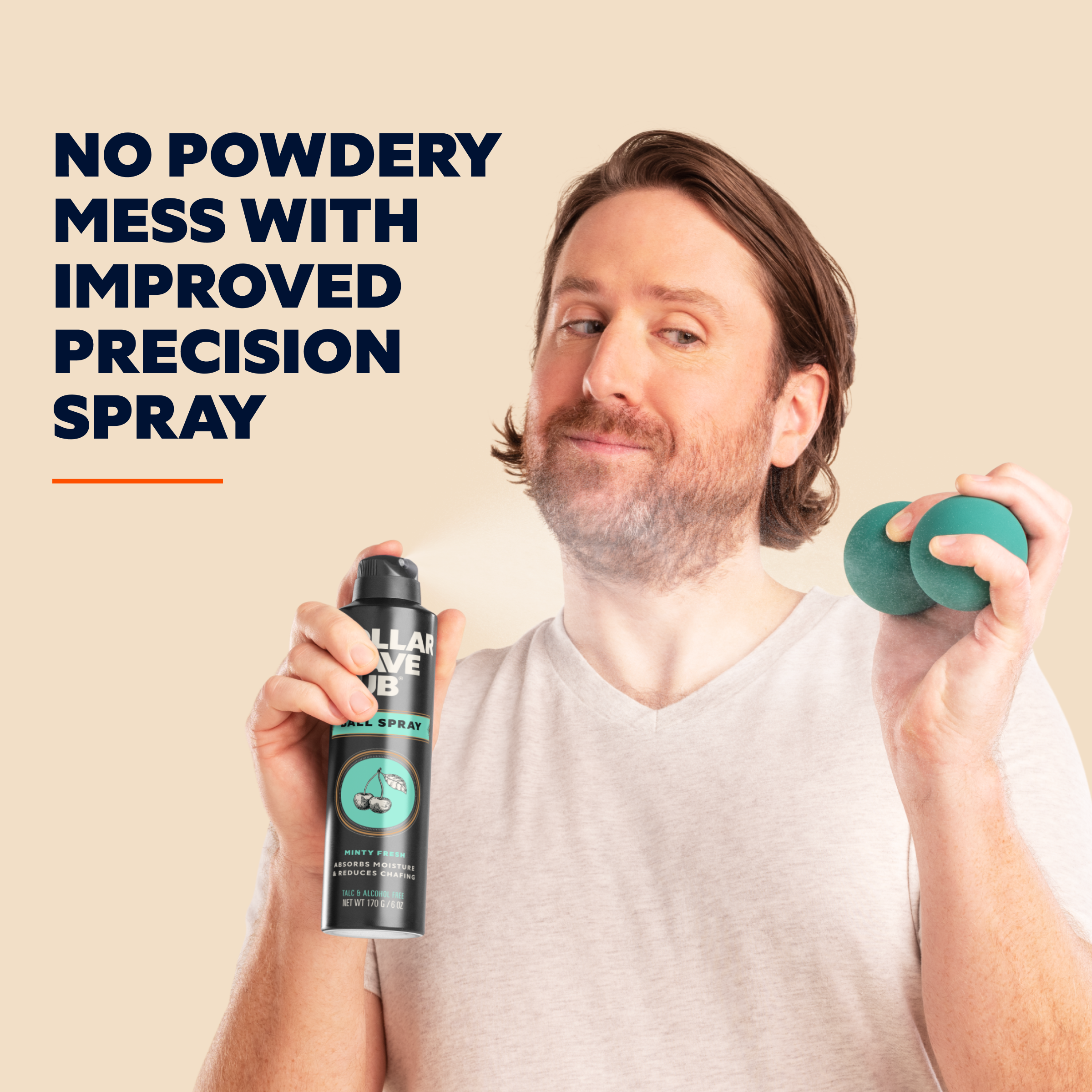 Picture of a man holding a can of Ball Spray spraying on 2  sport balls with text "No powdery mess with improved precision spray"