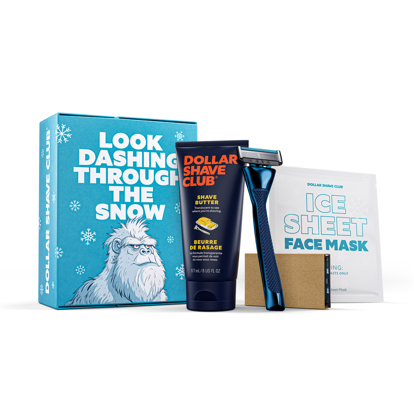 Hairy Beast Gift Box shown with contents - 6 oz Shave Butter, Blue Steele Heavy Metal Handle, 4 count Club Series 6 blades, and Ice Sheet Mask