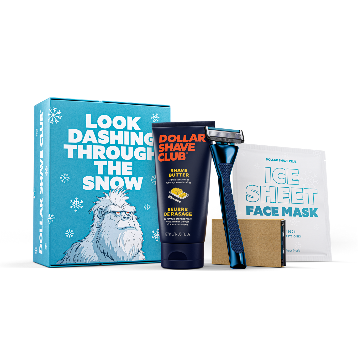 Hairy Beast Gift Box shown with contents - 6 oz Shave Butter, Blue Steele Heavy Metal Handle, 4 count Club Series 6 blades, and Ice Sheet Mask