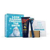 Hairy Beast Gift Box shown with contents - 6 oz Shave Butter, Blue Steele Heavy Metal Handle, 4 count Club Series 6 blades, and Ice Sheet Mask