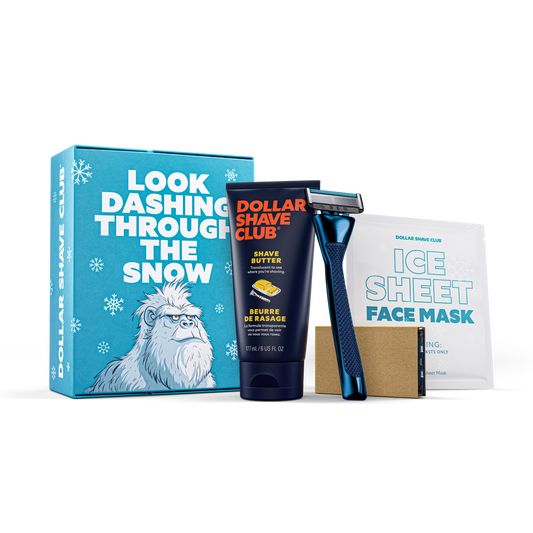 Hairy Beast Gift Box shown with contents - 6 oz Shave Butter, Blue Steele Heavy Metal Handle, 4 count Club Series 6 blades, and Ice Sheet Mask