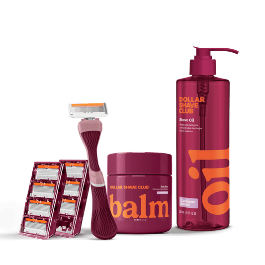 Bundle product with handle, 8 blades, balm, and oil
