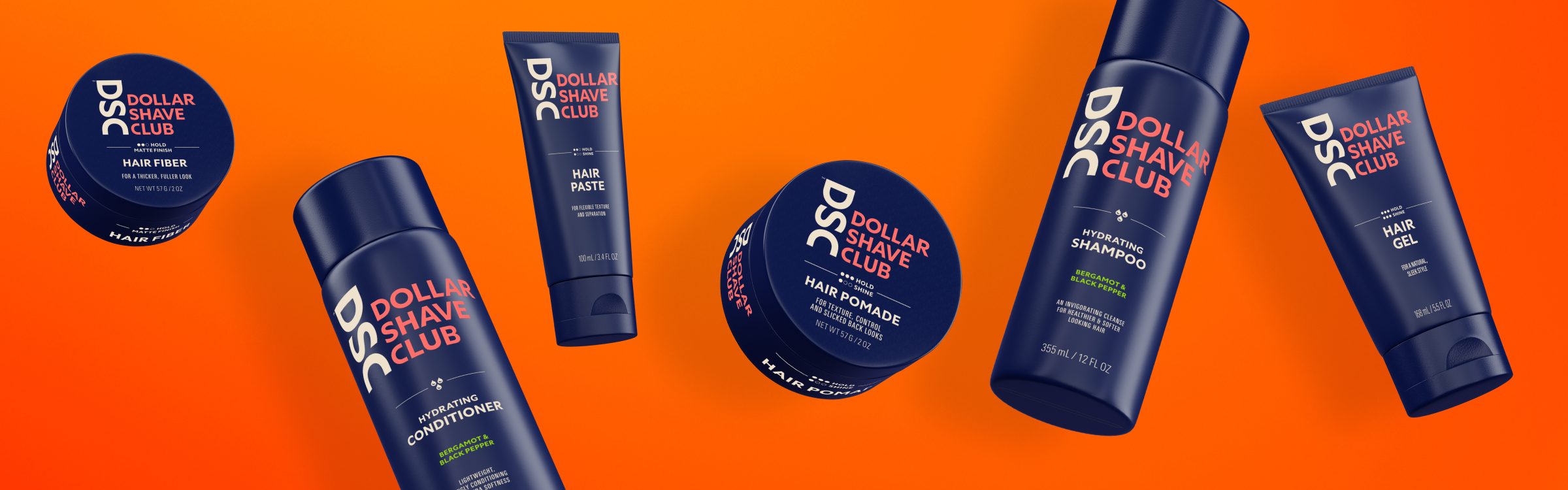 Different types of hair care products floating against a orange background.