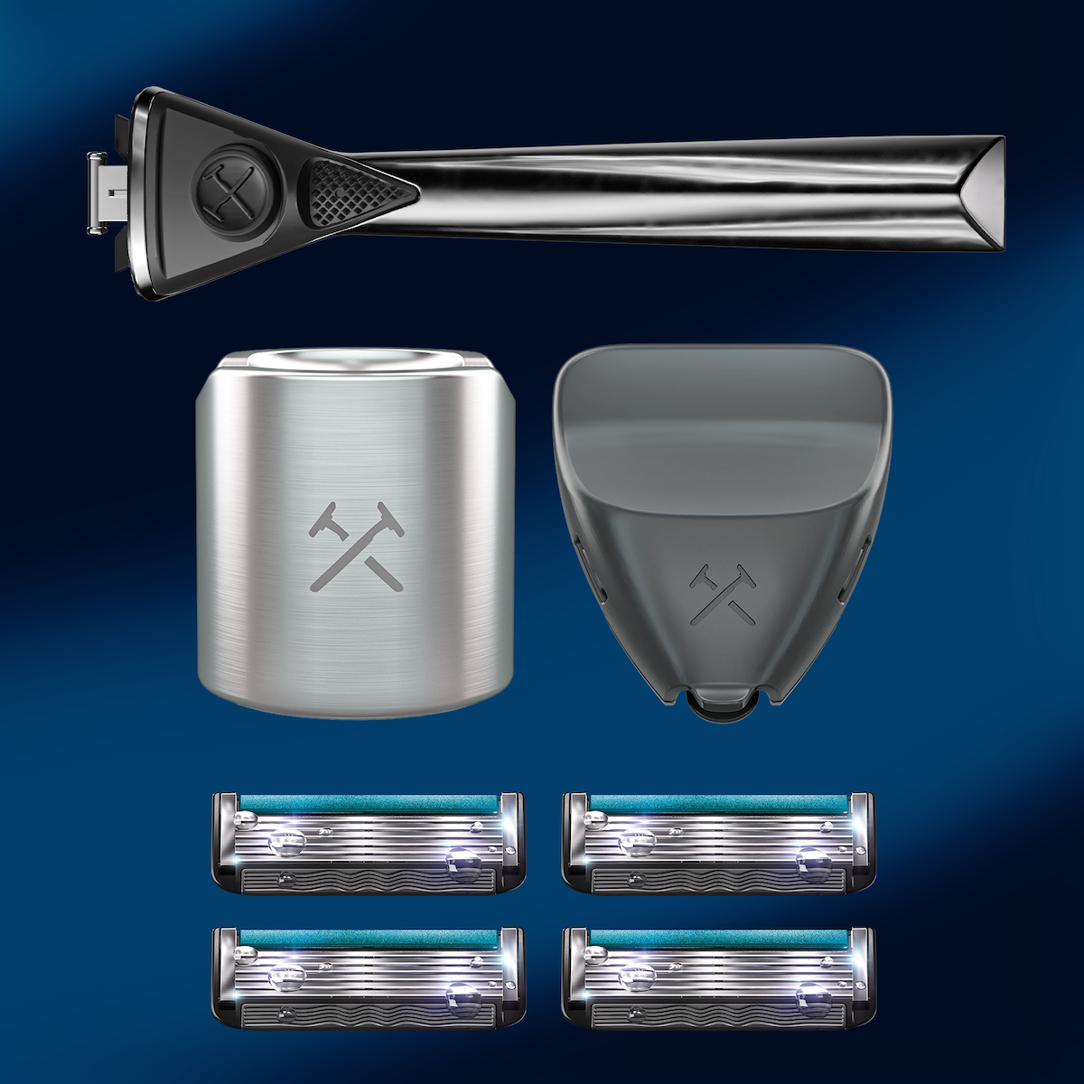 metal handle, four razor cartridges, a razor cover and razor stand