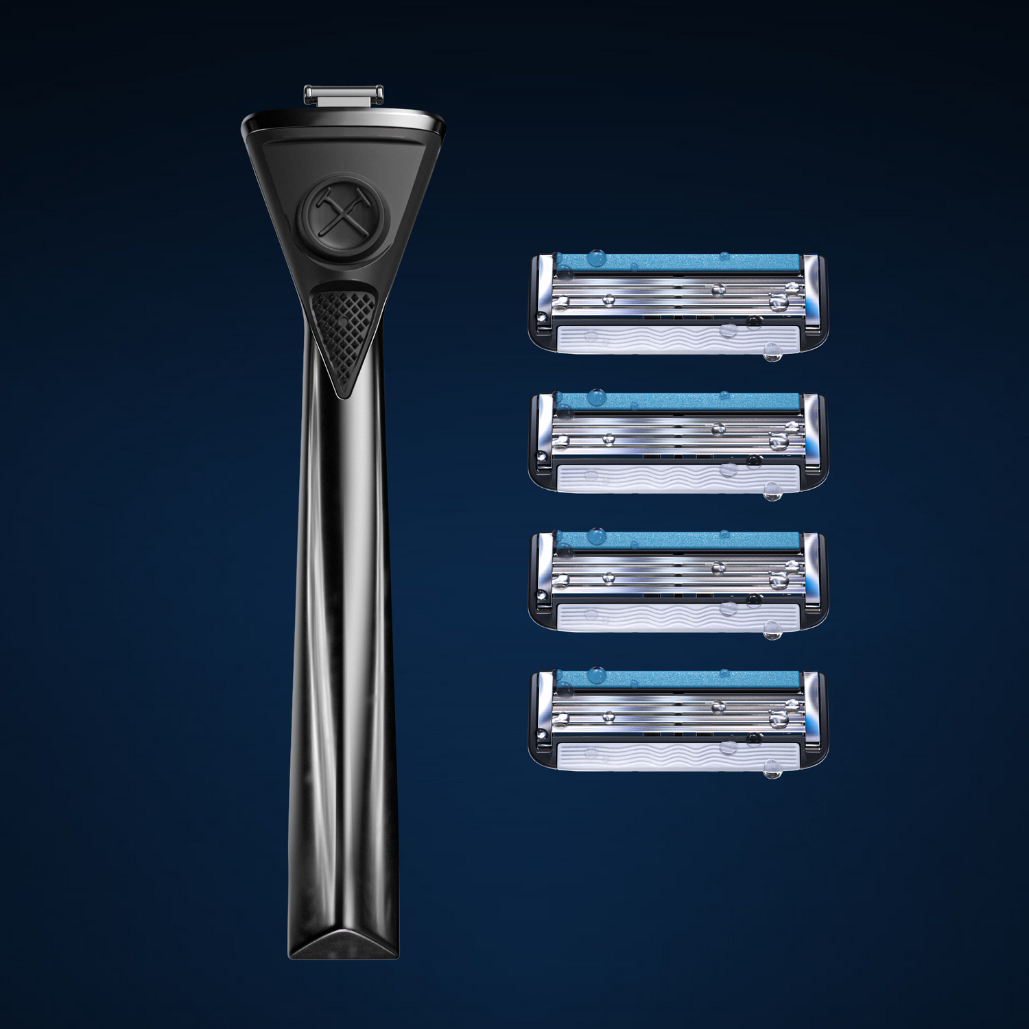 Heavy Metal Handle and 4ct of Club Series 6 Blade Razors on blue background