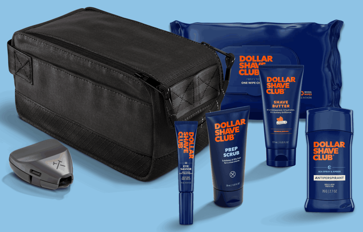 Image of the products in the Holiday Travel Kit:  Eye Savior Hydrating Eye Cream, One Wipe Charlies Butt Wipes (20 ct), Sea Spray & Amber Antiperspirant, Razor Cover, Prep Scrub (1 oz), Travelers Case, FREE GIFT: Sandalwood Shave Butter (6 oz)