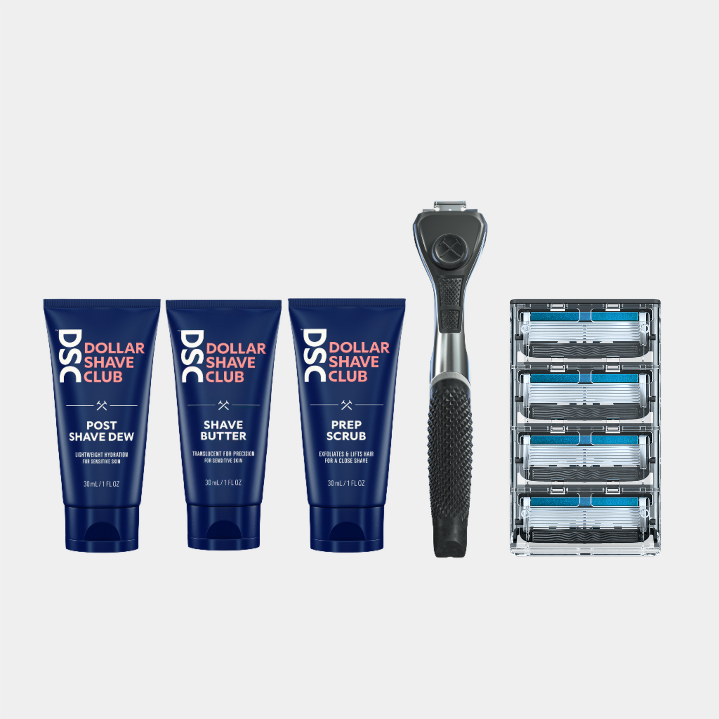 Shave kit featuring the best selling shave aids, handle and blades.