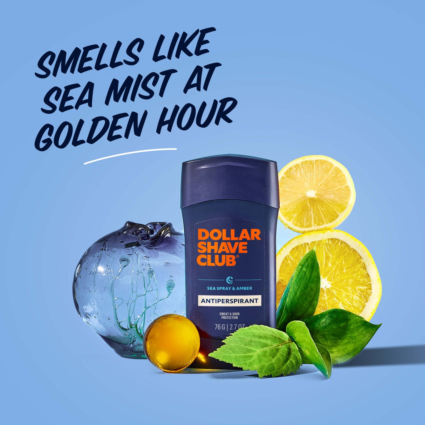 Dollar Shave Club antiperspirant with lemons and mint leaves on a blue background