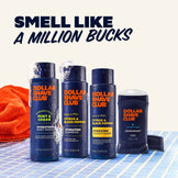 Dollar Shave Club products including body wash, shampoo, conditioner, and deodorant on a checkered surface with text 'Smell Like a Million Bucks'.