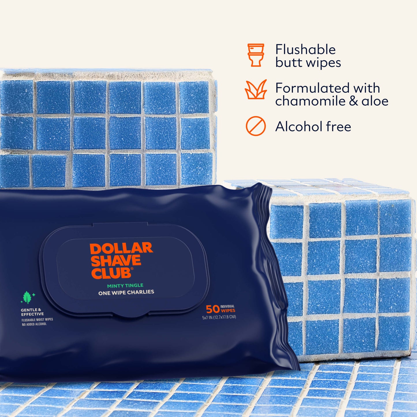 Dollar Shave Club flushable butt wipes packaging on a tiled background