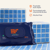 Dollar Shave Club flushable butt wipes packaging on a tiled background