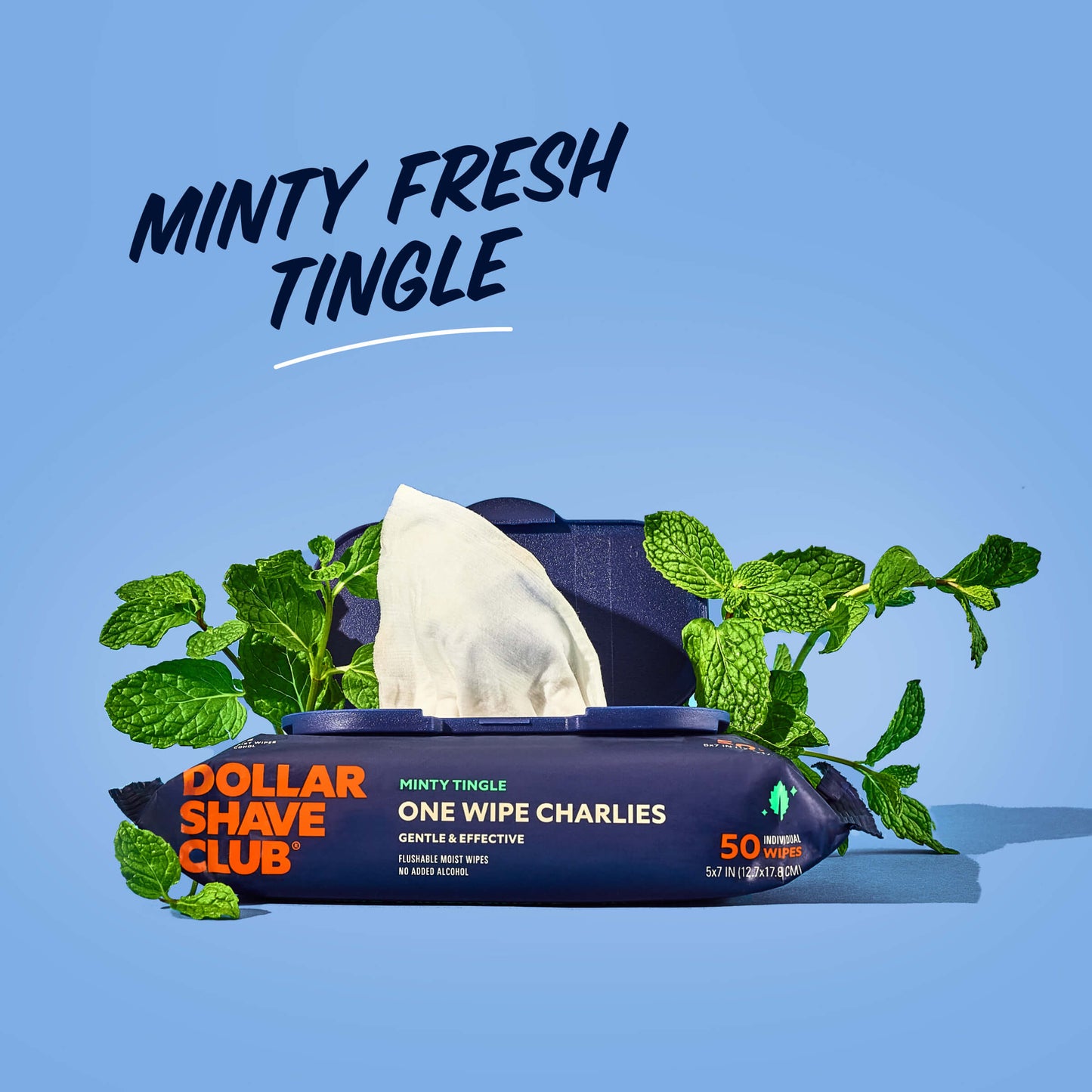 Dollar Shave Club product with mint leaves on a blue background