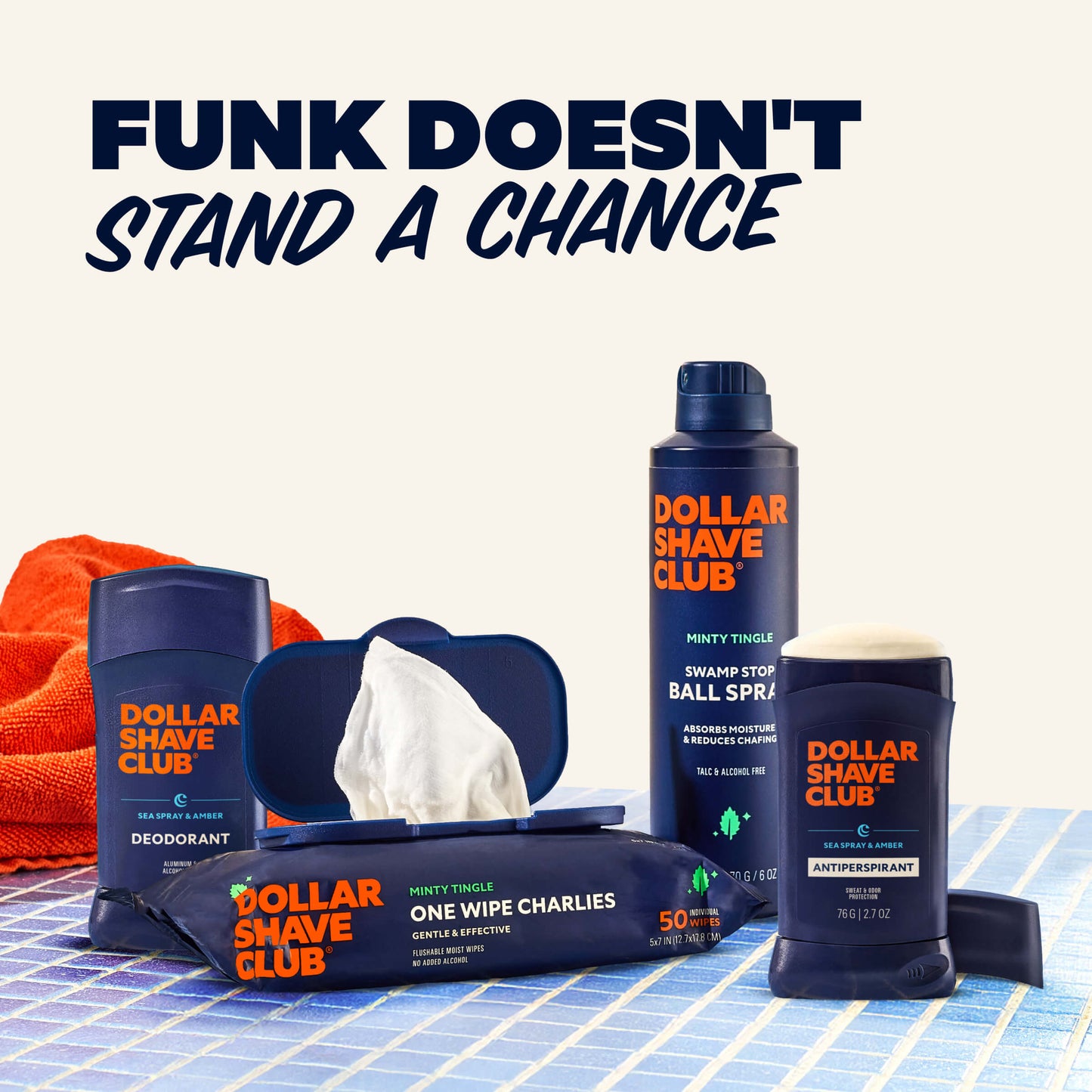 Dollar Shave Club products including a bottle, spray, wipes, and antiperspirant on a checkered surface with text 'Funk Doesn't Stand a Chance'.