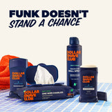 Dollar Shave Club products including a bottle, spray, wipes, and antiperspirant on a checkered surface with text 'Funk Doesn't Stand a Chance'.
