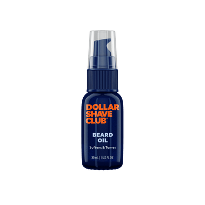 Dollar Shave Club beard oil bottle on a black background