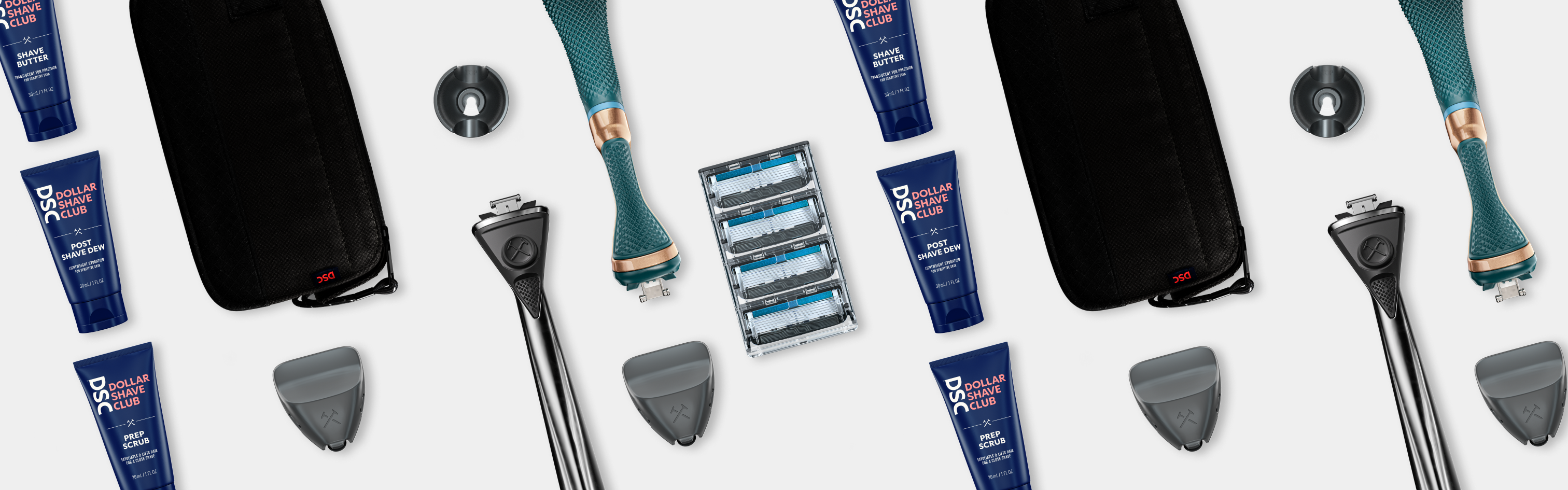 Individual shaving and grooming products patterned across a white background.