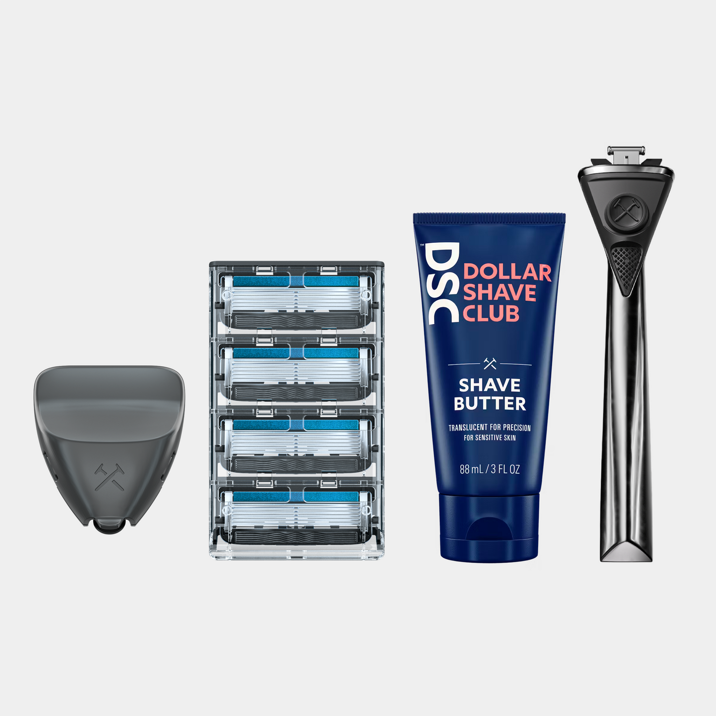 Premium shave kit featuring metal handle, 6-blade razors, shave butter, and razor cover.