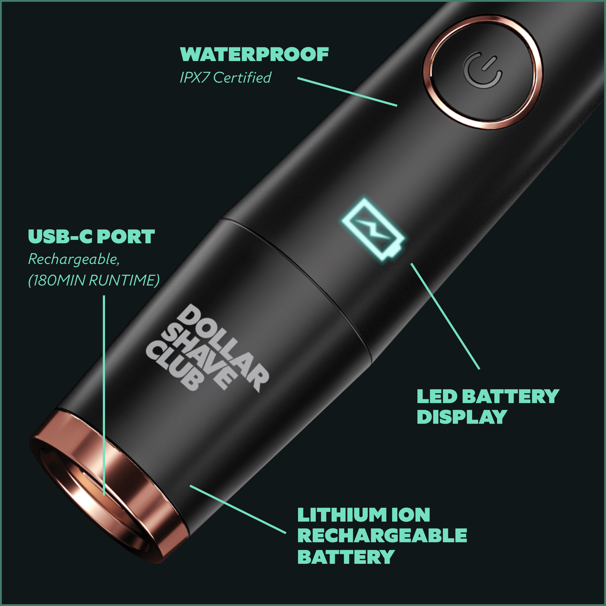 Graphic of the bottom half of the Style Detailer Precision Trimmer showcasing its USB-C port, LED battery display, rechargeable battery, and that it's waterproof. 