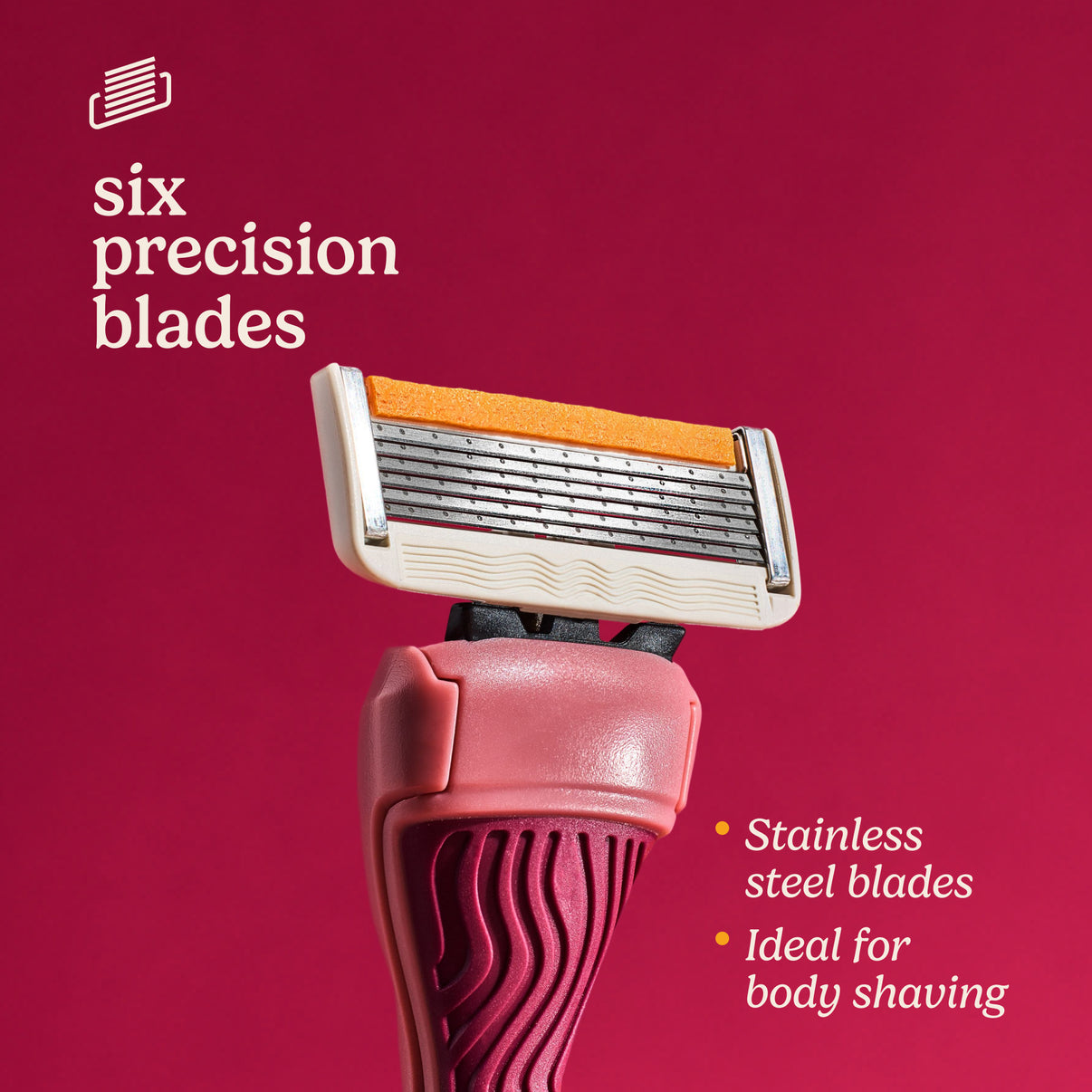 Shaving razor with six precision blades on a red background