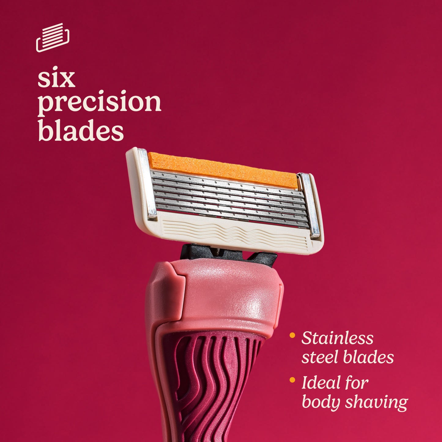 Shaving razor with six precision blades on a red background