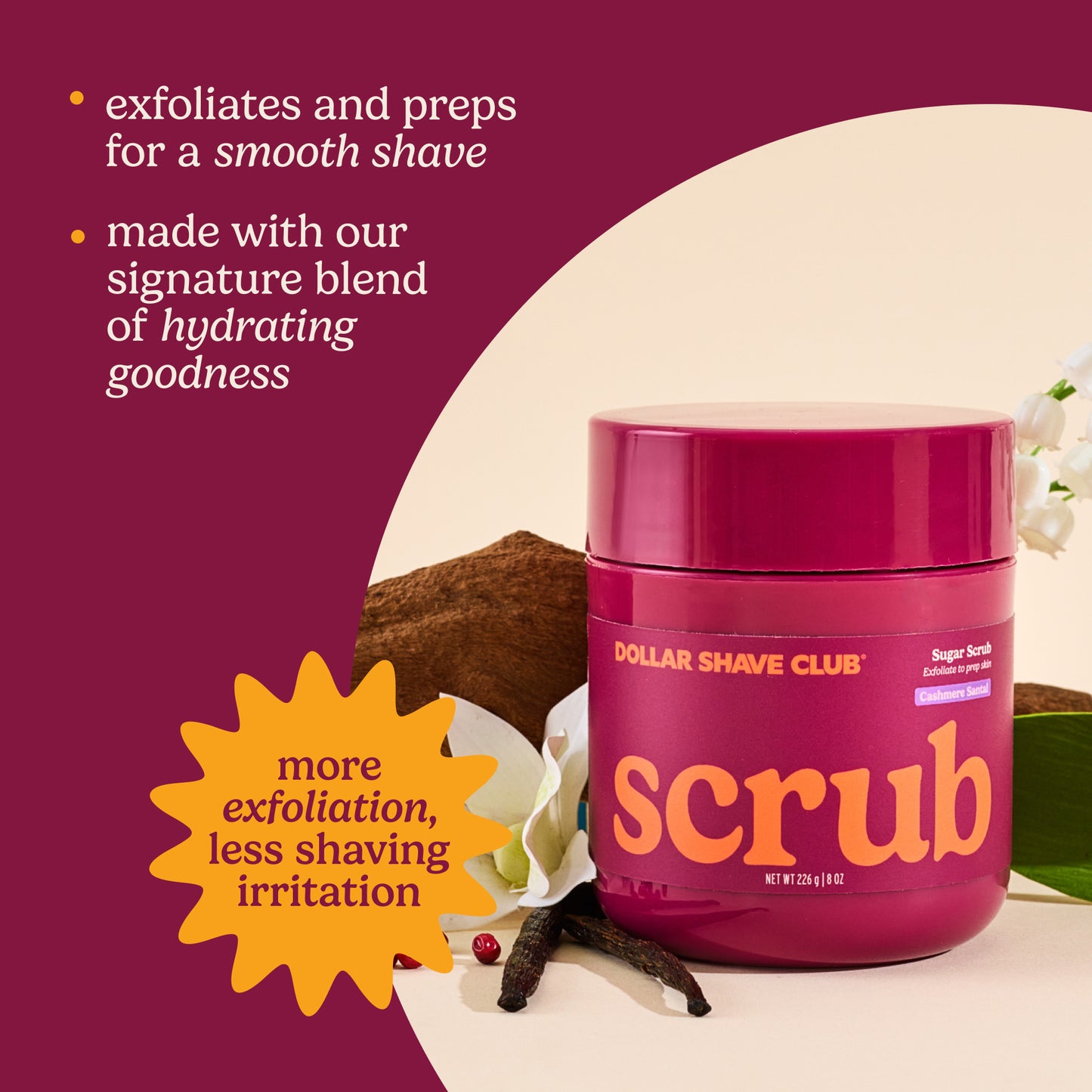 Dollar Shave Club scrub jar with ingredients and text on a purple background