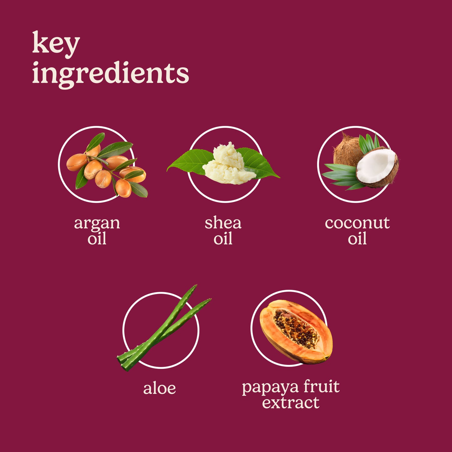 Key ingredients including argan oil, shea oil, coconut oil, aloe, and papaya fruit extract on a purple background.