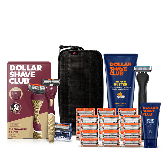 Dollar Shave Club Florida State University grooming kit on a white background. Includes a garnet razor handle with the FSU Seminoles logo, 24 blades, Shave Butter, Prep Scrub, a black 3-in-1 electric trimmer, and a black traveler case.