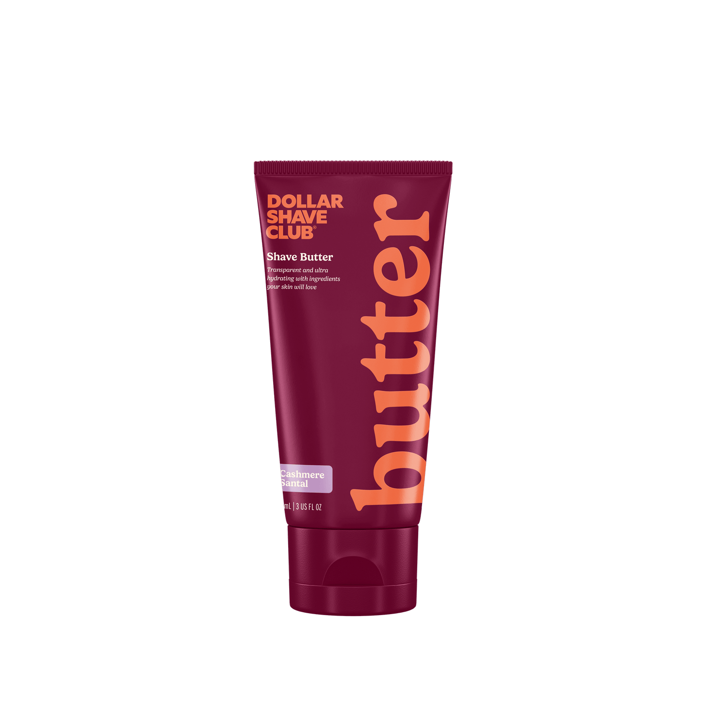 Dollar Shave Club shave butter tube with maroon and orange design on a white background
