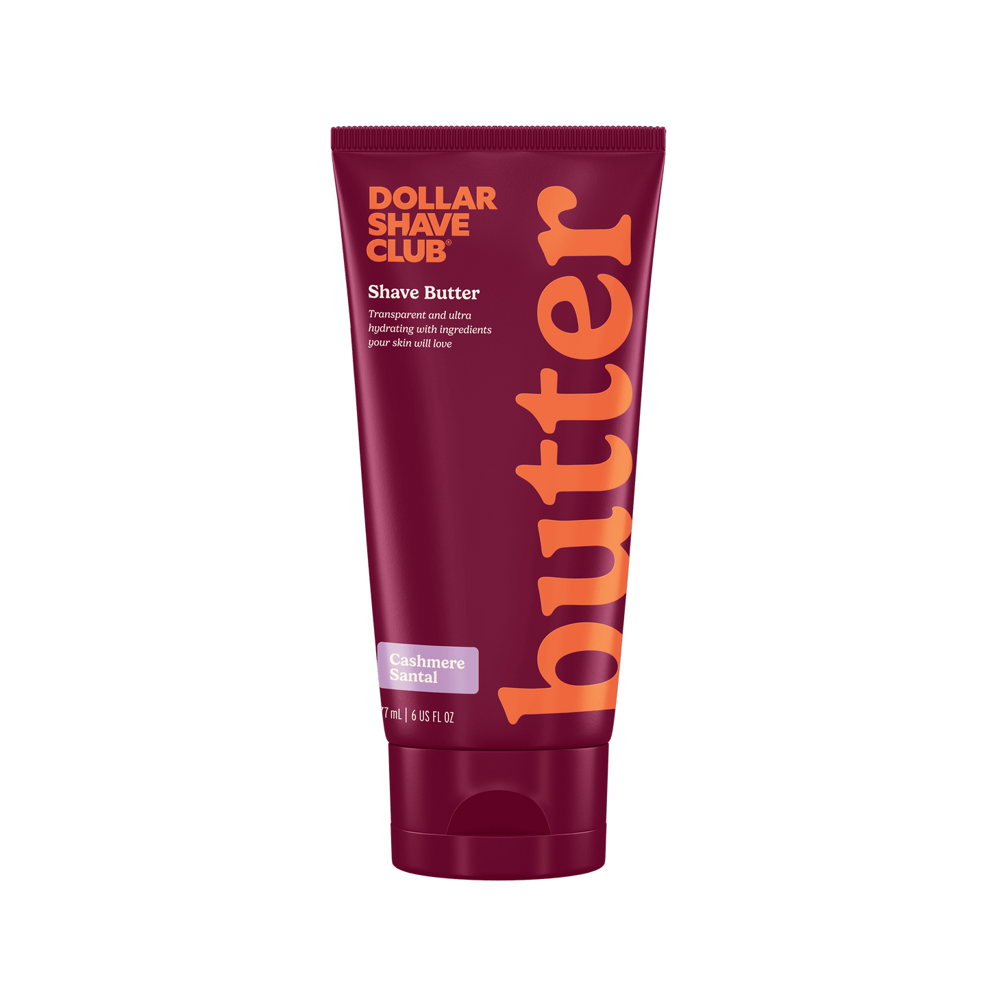 Dollar Shave Club shave butter tube with maroon and orange design on a white background