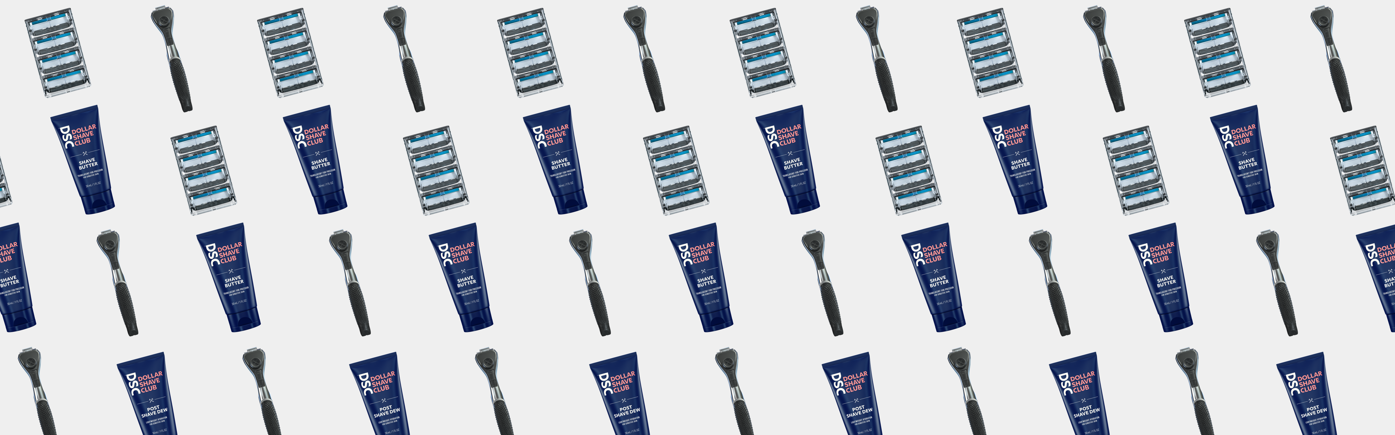 Pattern of shaving products against a white background