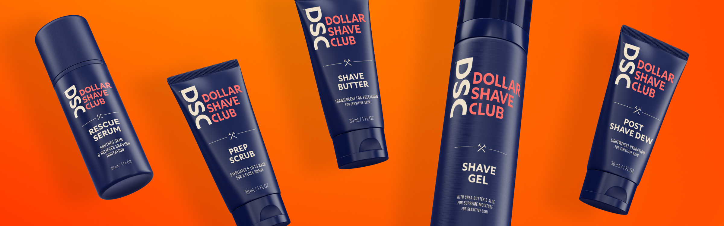 Different types of shaving aids floating against a orange background.