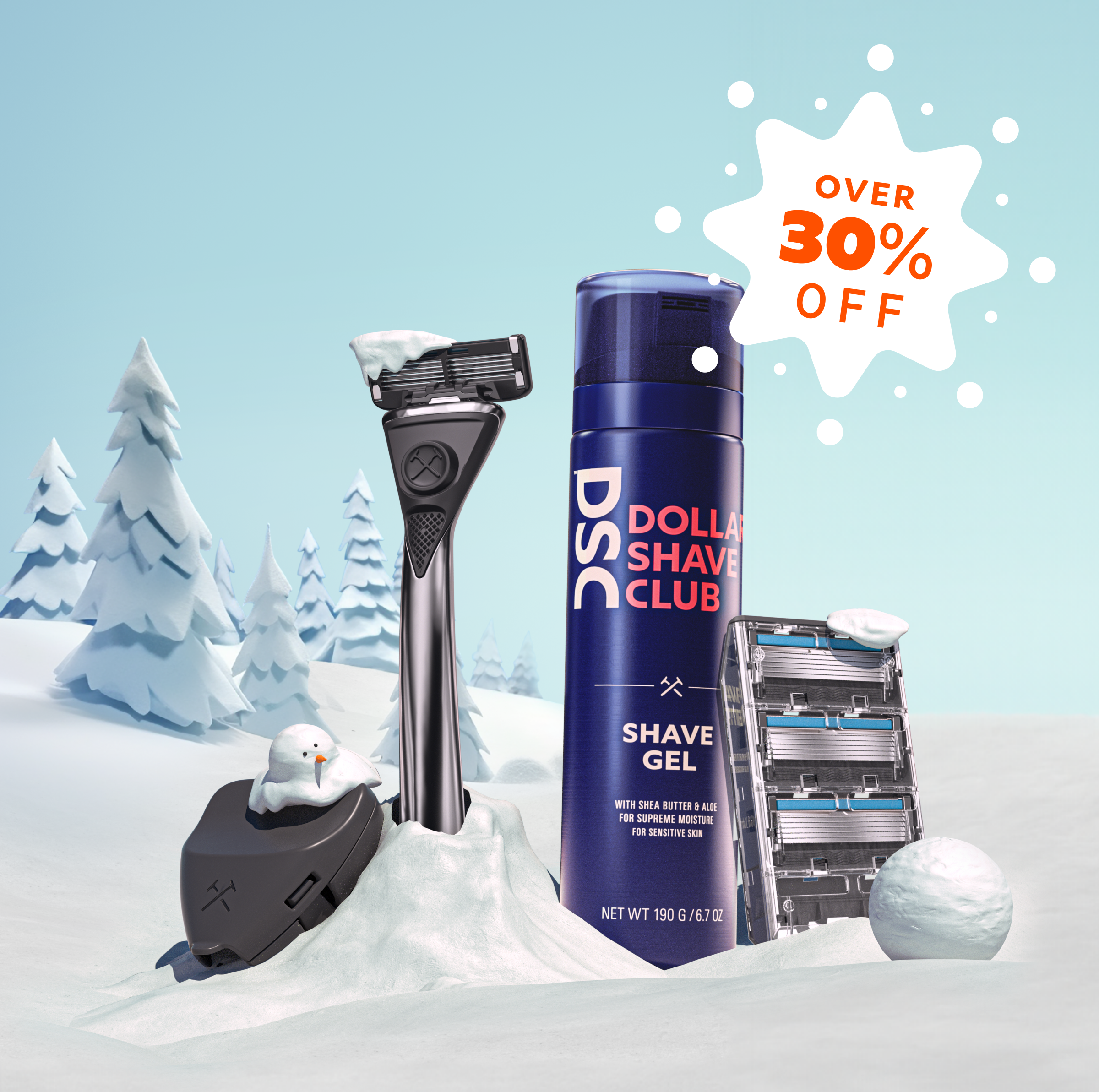 A snowy scene featuring the Heavy Metal Handle, shave gel canister, razor cover, and 4 Club Series 6 Blade raze cartridges.