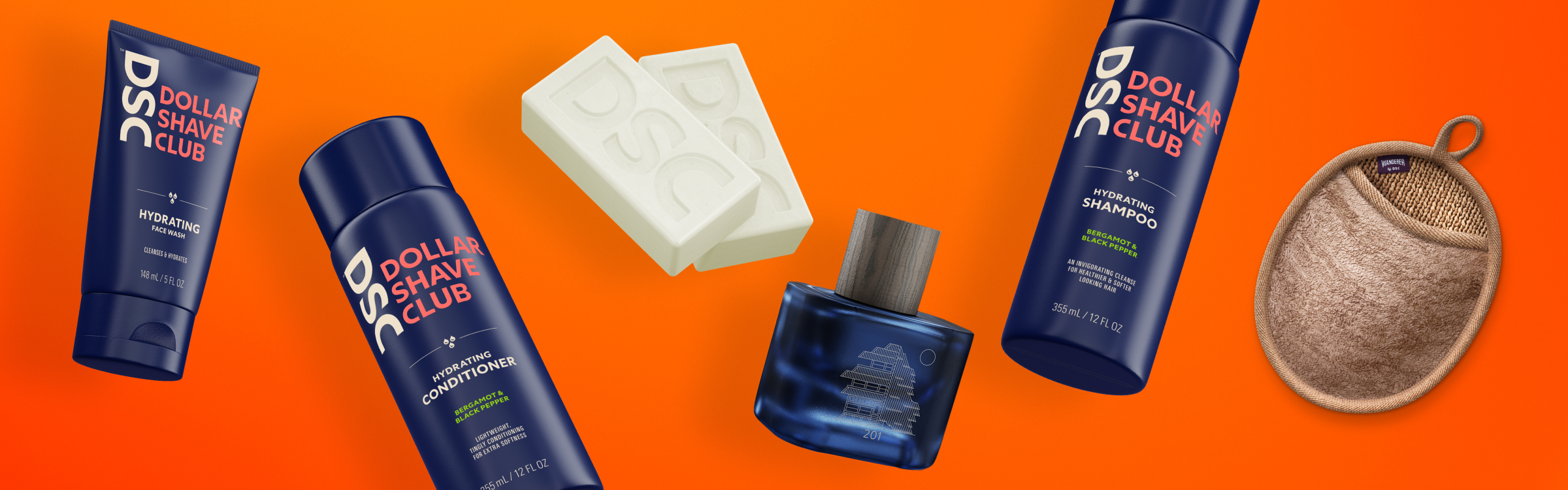 Different types of shower products floating against an orange background.