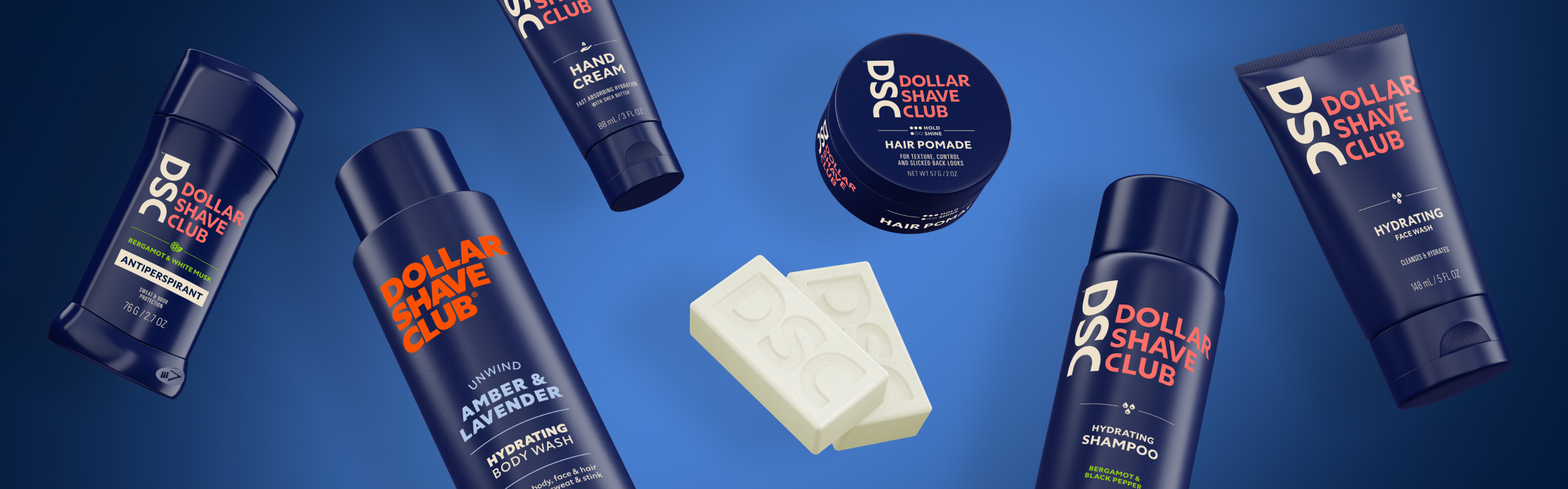 Different types of personal hygiene products floating against a blue background.
