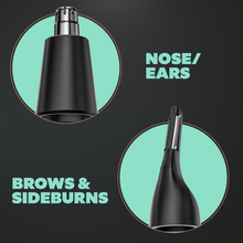 A photo showing the 2 different heads of the Style Detailer; 1 for ears and nose, and 1 for eyebrows and sideburns
