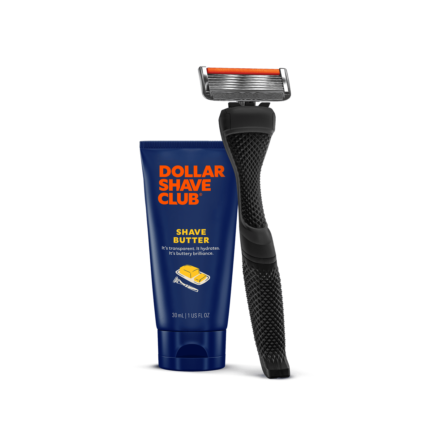 Dollar Shave Club razor and shave butter on a black background