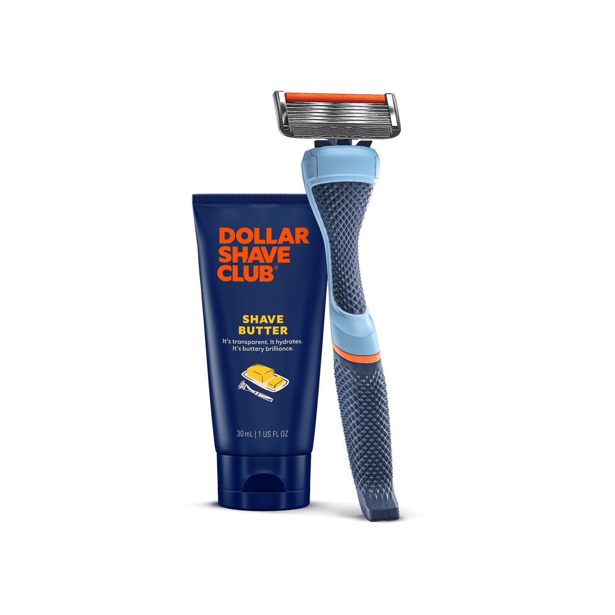 Dollar Shave Club razor and shave butter on a black background