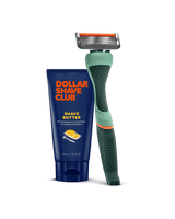 Dollar Shave Club razor and shave butter on a black background