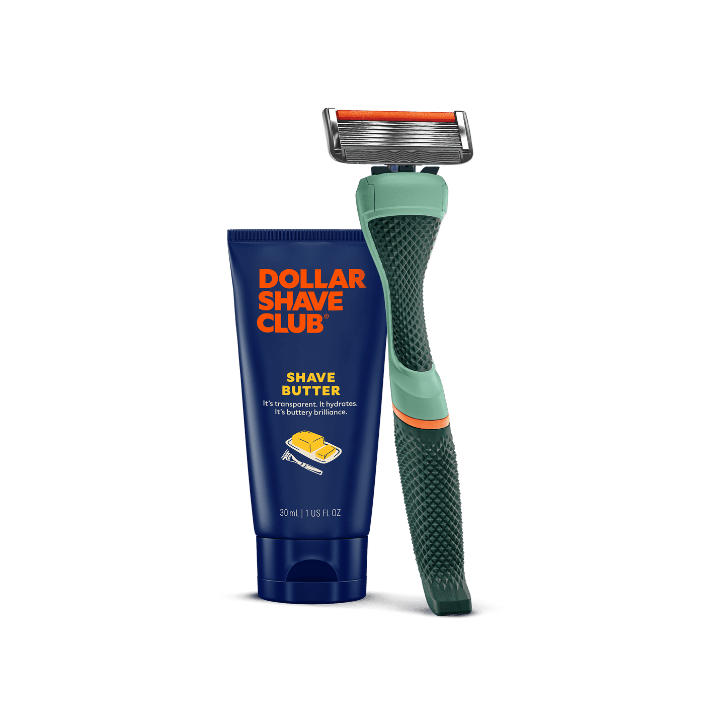 Dollar Shave Club razor and shave butter on a black background