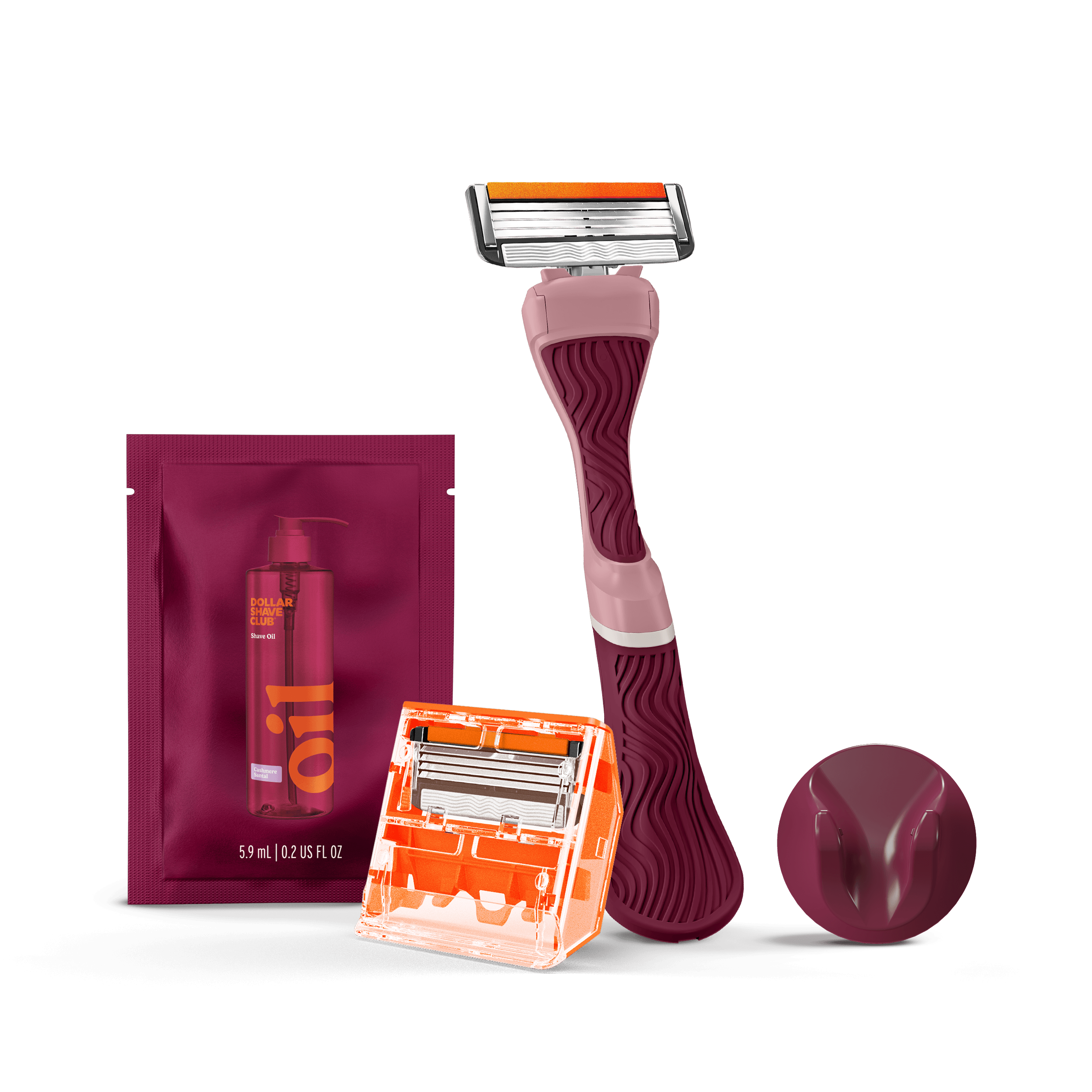 Suite Starter Set with handle, 4 blade 2 count, shave oil, samples, and shower hanger in maroon