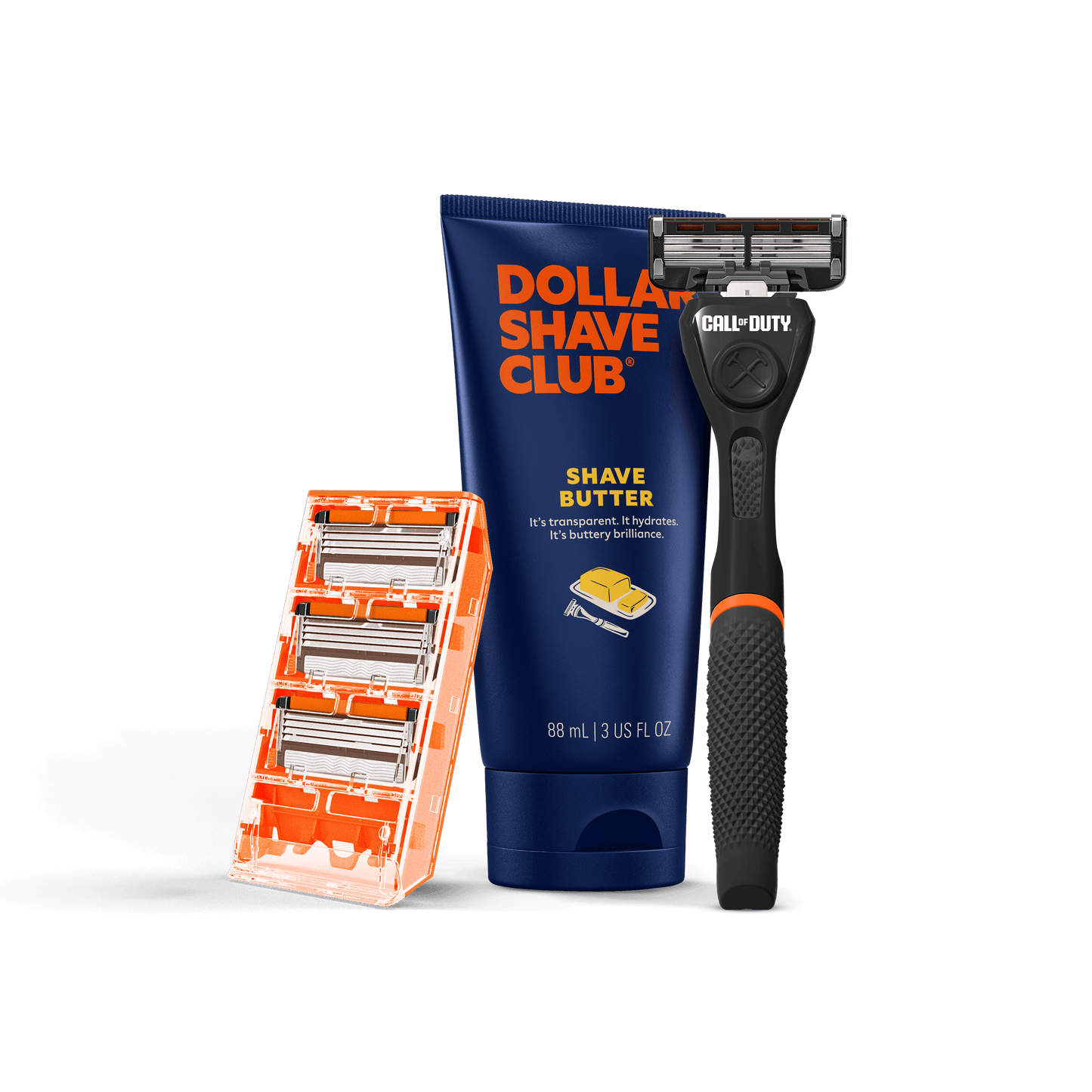 Dollar Shave Club products kit including a tube of shave butter, a Call of Duty razor, and four razor heads on a black background
