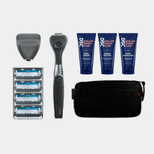 Individual items of Travel Shave Kit against white background.