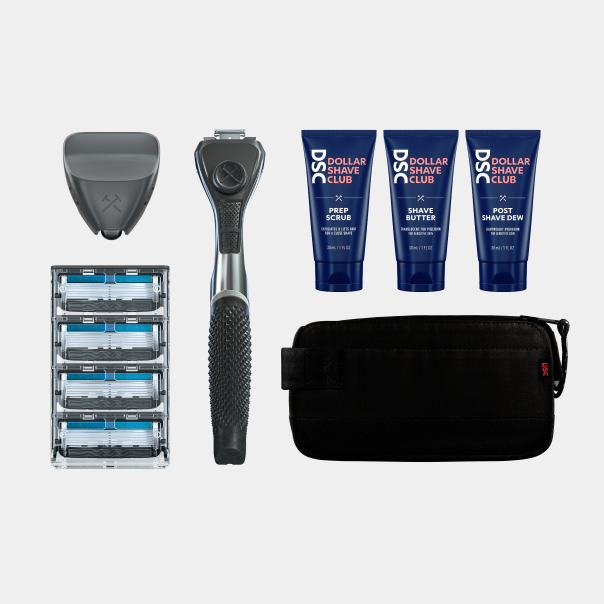 Individual items of Travel Shave Kit against white background.