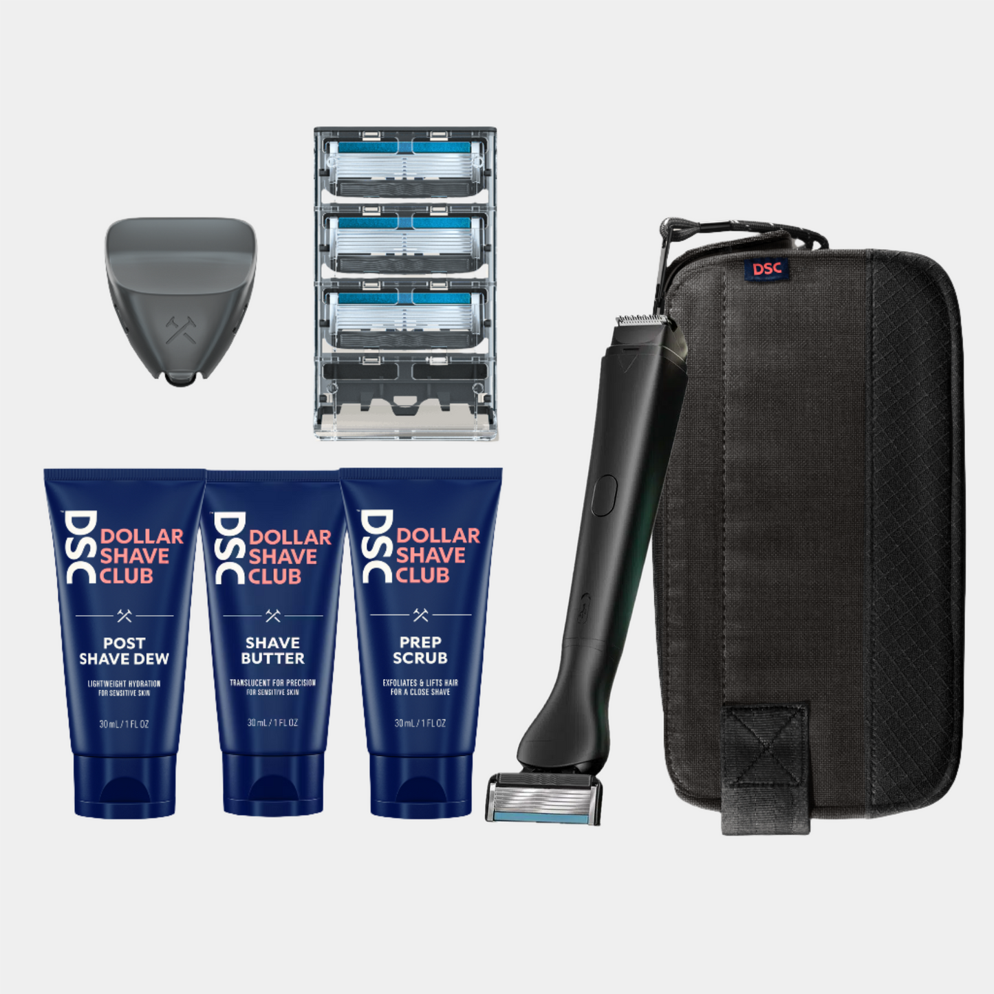 Individual items of Ultimate Travel Shave Kit against white background.