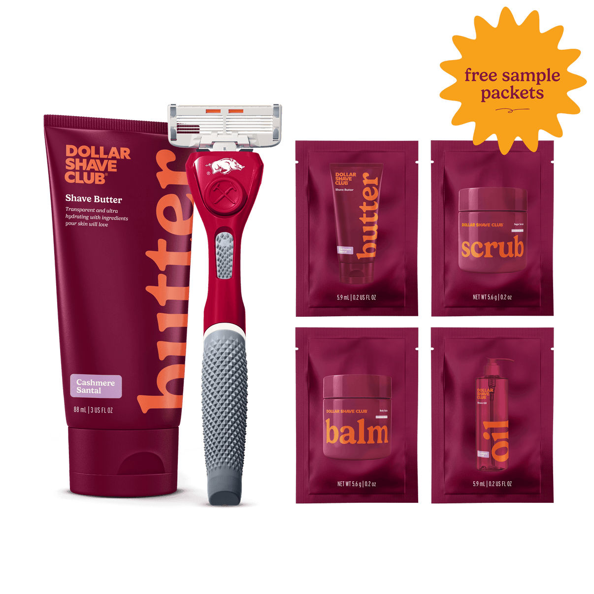 University of Arkansas Starter Set with handle, shave butter, and four shave aid samples