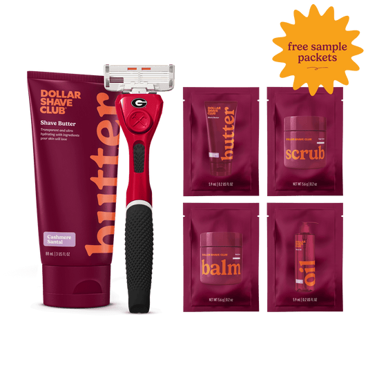 University of Georgia Starter Set including handle, shave butter, and four shave aid samples