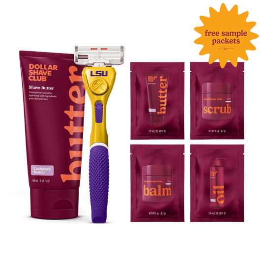 LSU Starter Parck with handle, shave butter, and four shave aid samples