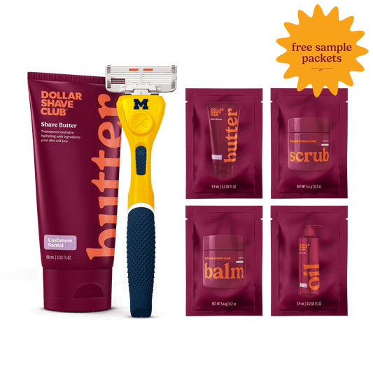 University of Michigan Starter Set with handle, shave butter, and four shave aid samples